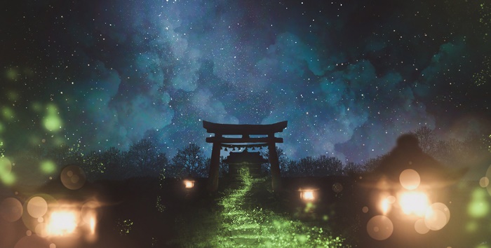 Torii gate at night with starry sky
