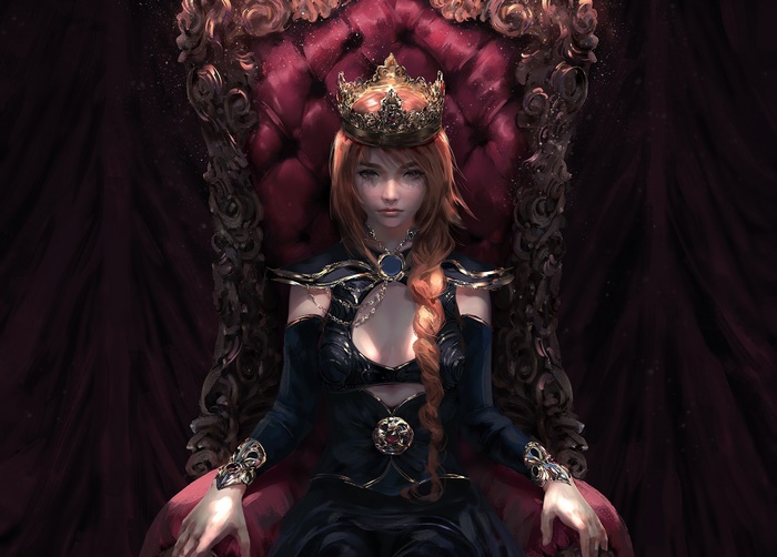 Princess with Red Hair and Crown on Throne