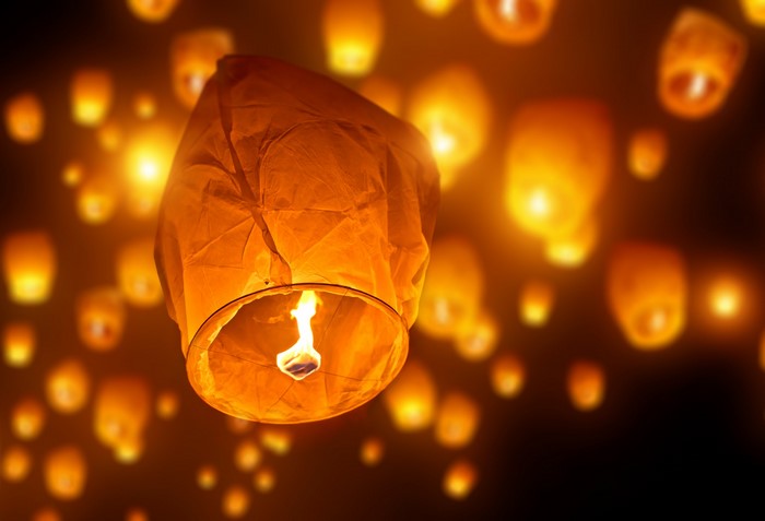 Many sky lanterns floating in the night sky
