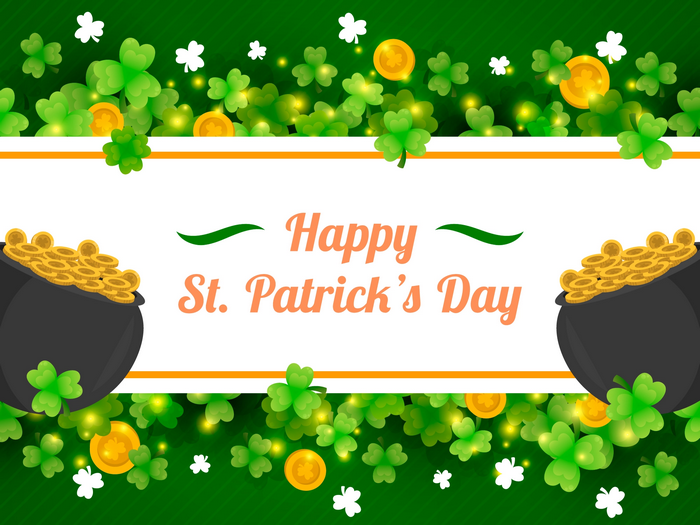 Happy St. Patrick's Day with Pots of Gold and Clovers