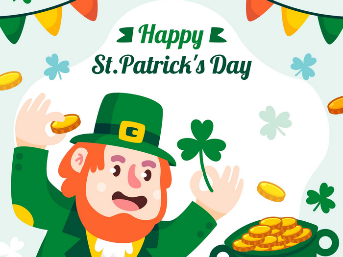 Leprechaun with coins and shamrocks for St. Patrick's Day