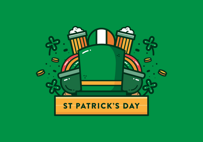 St. Patrick's Day illustration with hat, beer, and rainbow