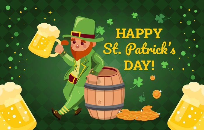 Happy St. Patrick's Day Leprechaun with Beer and Barrel