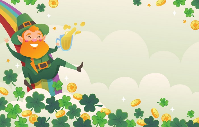 Leprechaun sliding down a rainbow with beer and clovers