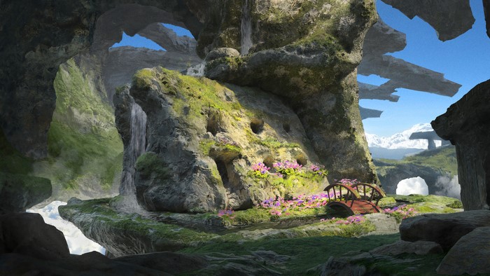 Fantasy landscape with caves, waterfalls, and mountains
