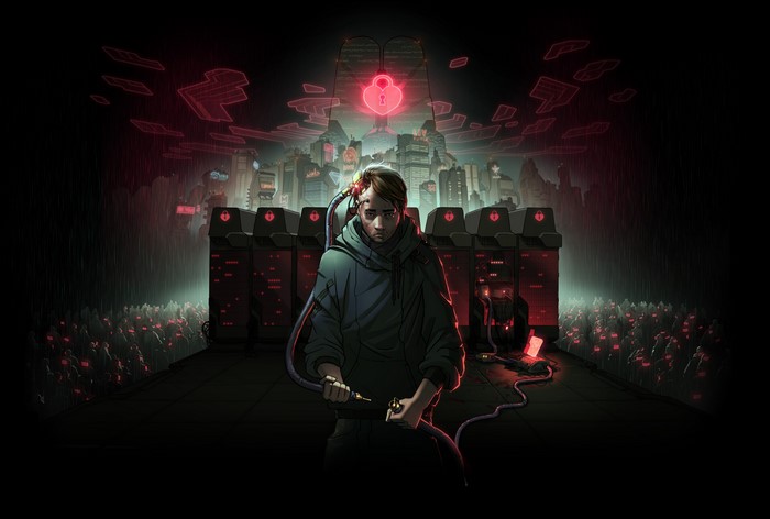 Young man connected to servers with heart lock symbol