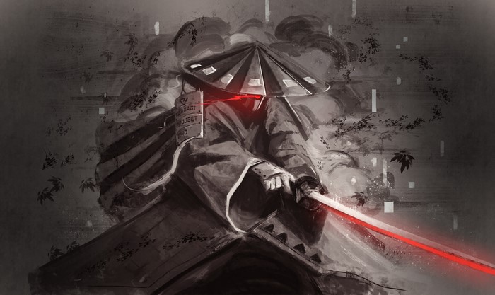 Cyber Ronin with glowing red eyes and sword