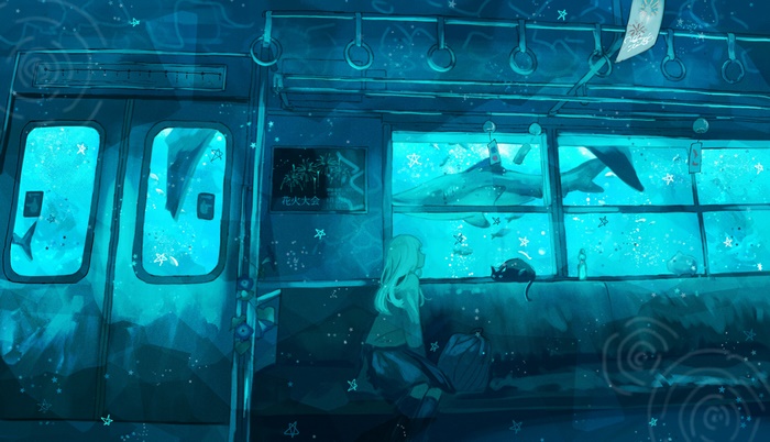 Girl and cat on a train underwater with sharks