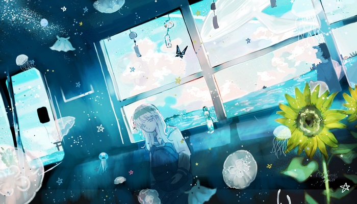 Girl with Jellyfish and Sunflower