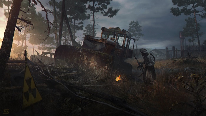 Post-apocalyptic scene with a person and a bulldozer