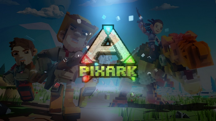PixARK game logo with characters and dinosaurs