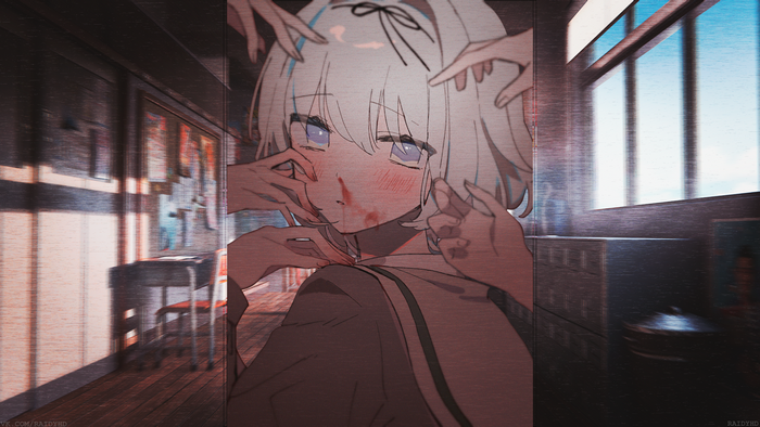Girl with blood on face surrounded by hands
