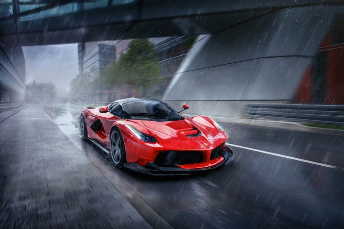 Red Ferrari 4K Supercar in Rain