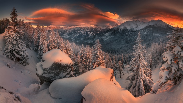 Winter sunset over snow-covered mountains and forest