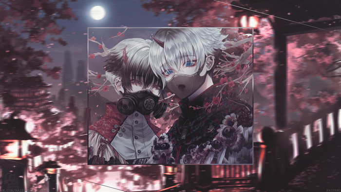 Two boys with gas masks and horns, anime art 4K