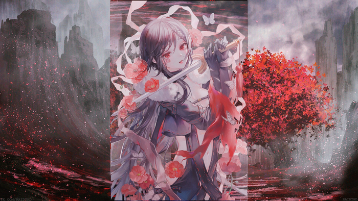Anime girl with sword and flowers 4K