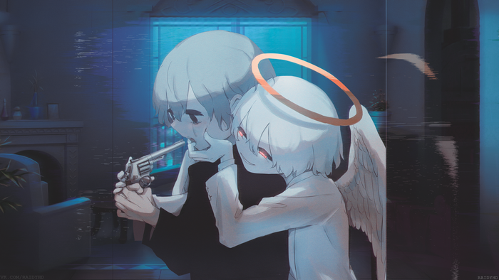 Anime characters with a gun and halo