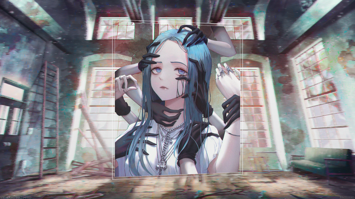 Anime girl with blue hair surrounded by hands 4K