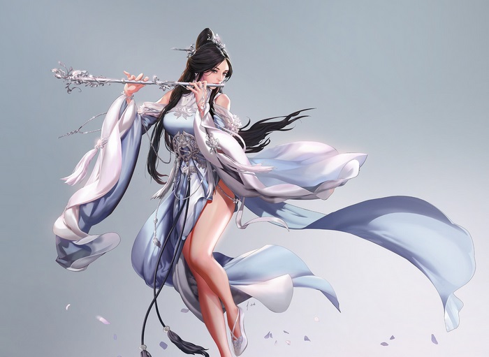 Woman playing flute in flowing white and blue dress
