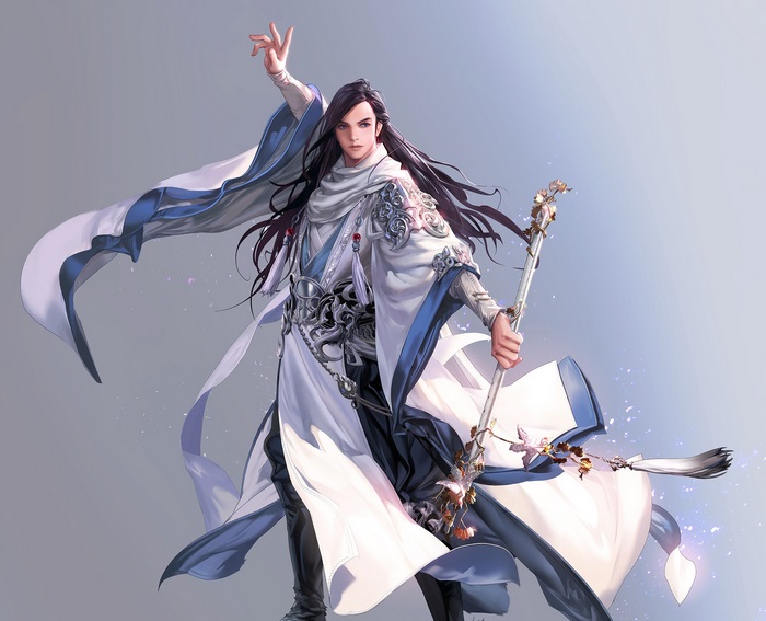 Man with long hair in white and blue robes holding a staff