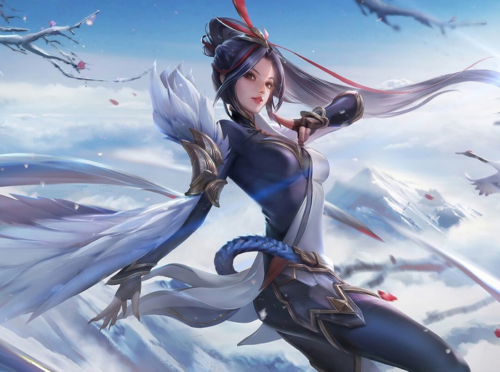 Fantasy Woman with White Feathers and Cranes