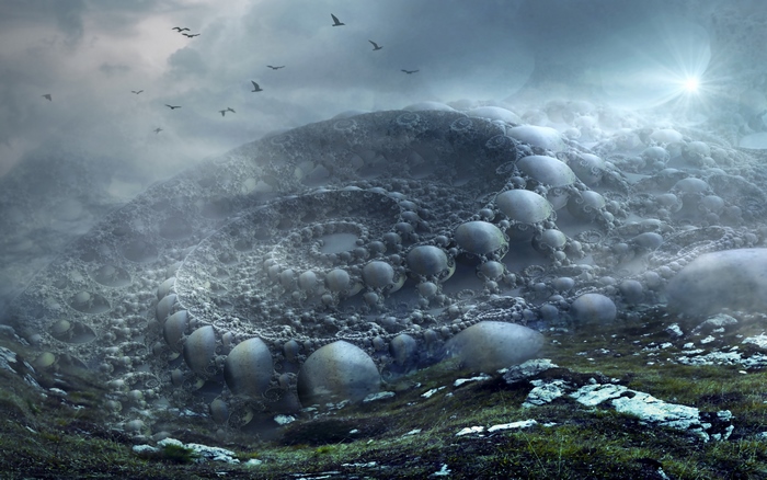 Fractal landscape with birds in the sky