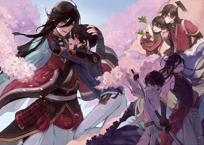 Touken Ranbu characters embracing and fighting