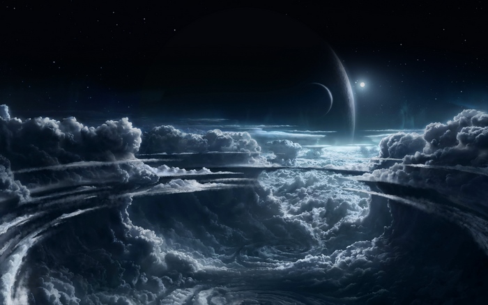 Space storm with planet and clouds