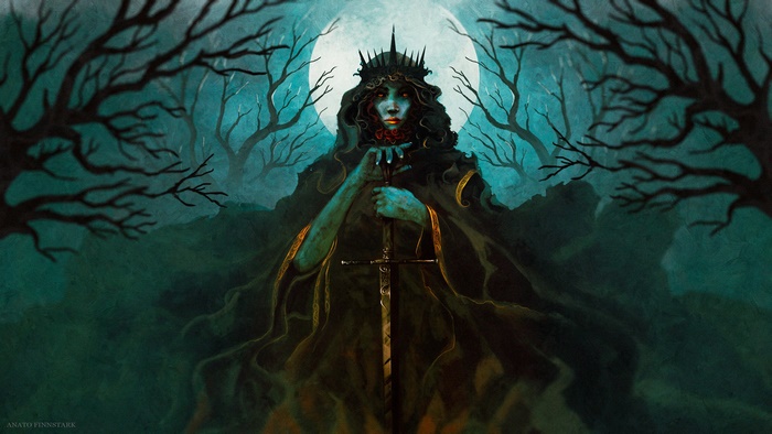 Fantasy Woman Warrior with Sword under Moon