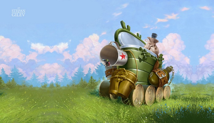 Cartoon tank with a bug and supplies in a field