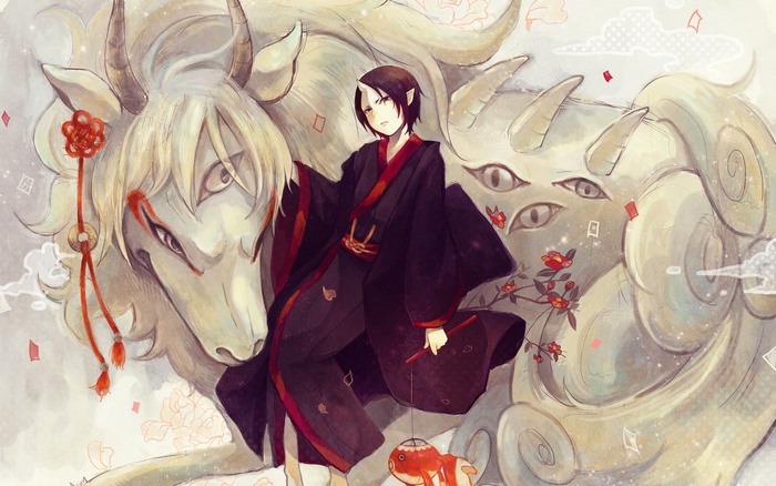 Hoozuki from Hoozuki No Reitetsu with a mythical creature