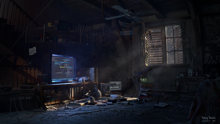Abandoned attic with computer and rats