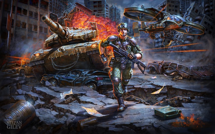 Soldier and tank in a destroyed city with a drone