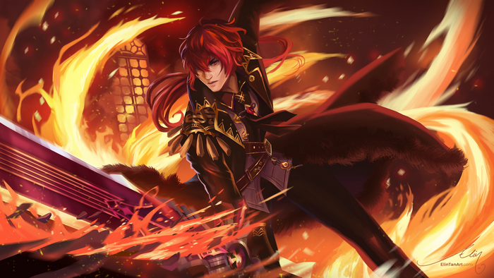 Diluc from Genshin Impact with a sword and fire