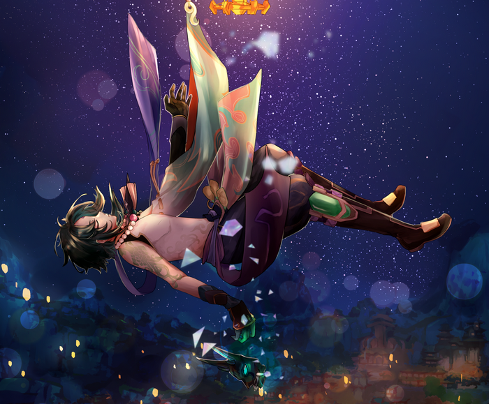 Xiao from Genshin Impact falling through the night sky