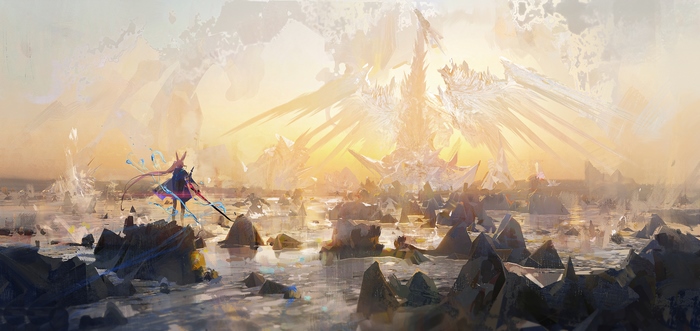 Amiya from Arknights in a fantasy landscape