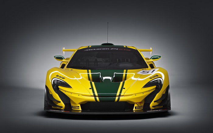 Yellow McLaren P1 GTR race car with green stripes