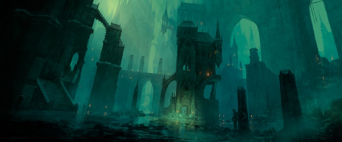Dark fantasy architecture with glowing lights