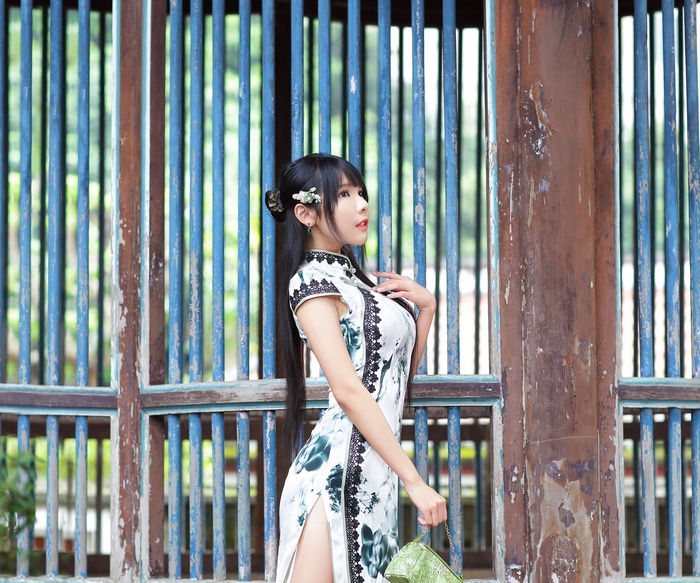 Woman in traditional Chinese dress with long black hair