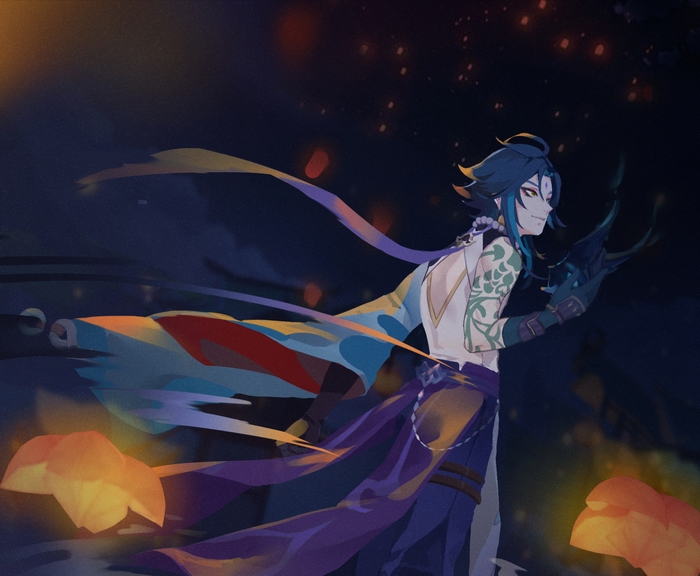Xiao from Genshin Impact with lanterns