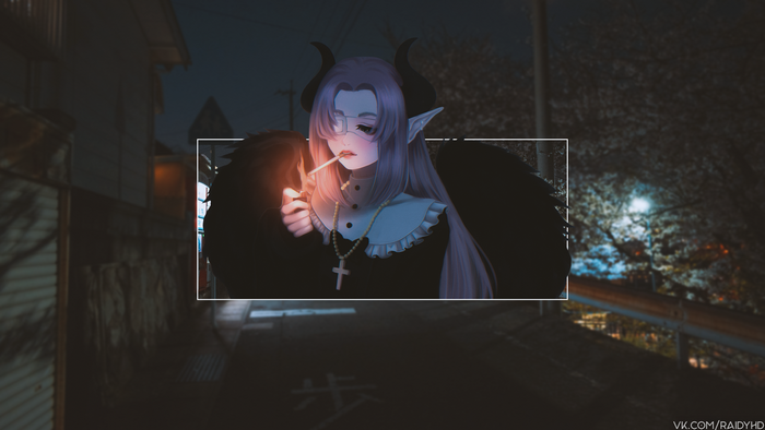 Anime girl with horns lighting a cigarette