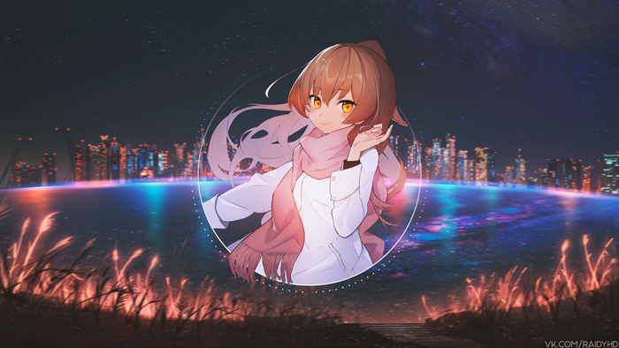 Taiga Aisaka in a digital art style with a city background