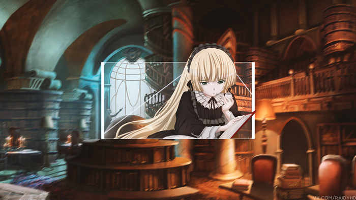 Victorique de Blois reading in a library