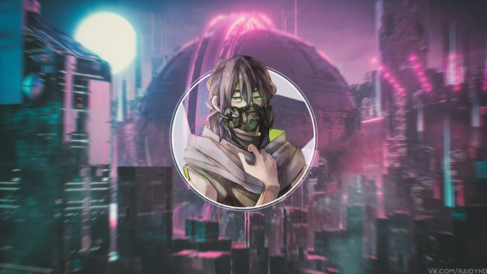 Anime character with gas mask in cyberpunk city