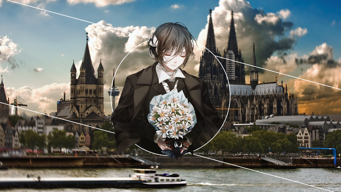 Osamu Dazai holding daisies in front of Cologne Cathedral