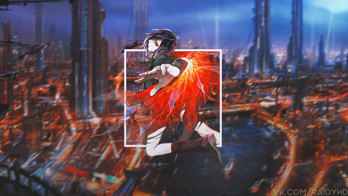 Touka Kirishima from Tokyo Ghoul in a futuristic city