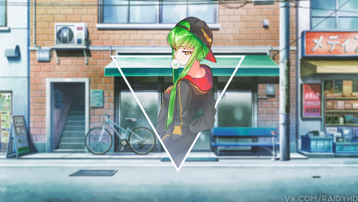 C.C. from Code Geass in a street setting
