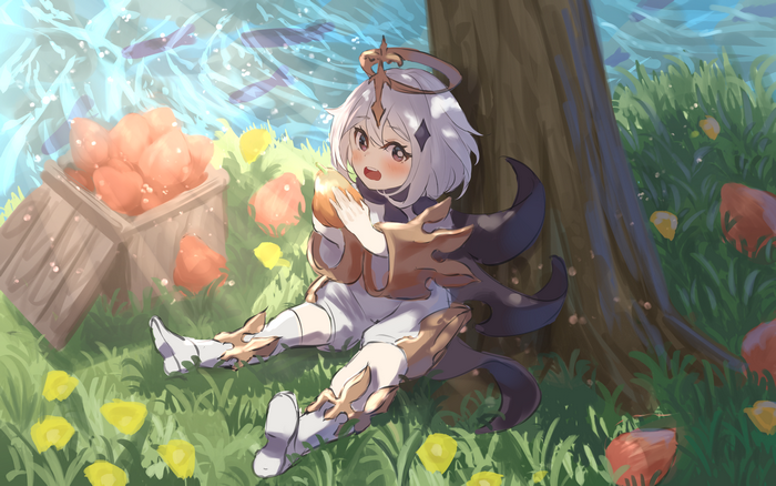 Paimon from Genshin Impact eating food