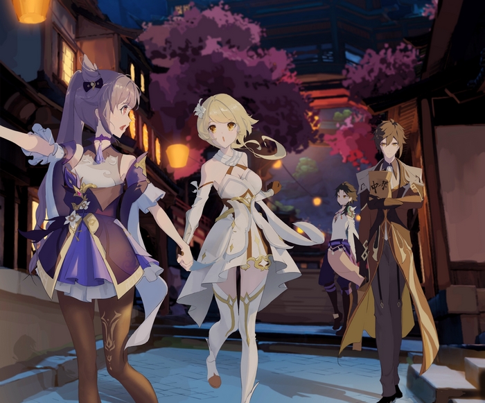 Keqing, Lumine, Xiao, and Zhongli from Genshin Impact