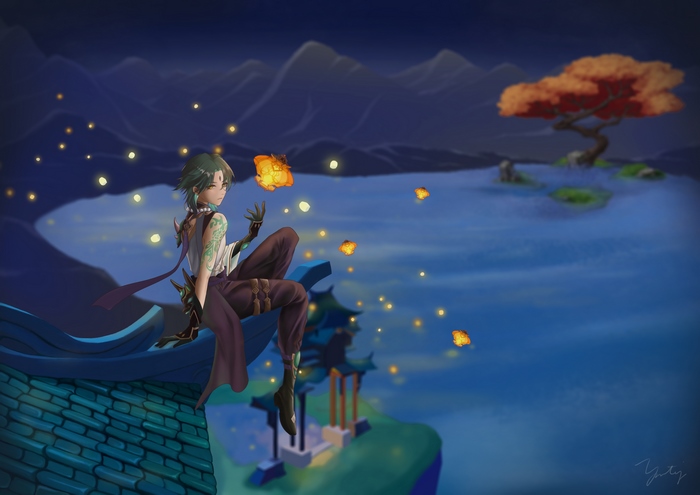 Xiao from Genshin Impact sitting on a roof at night